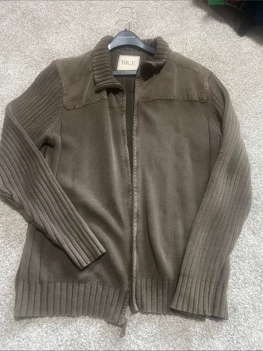 BKE Men's Olive-Brown Zip-Up Knit Cardigan